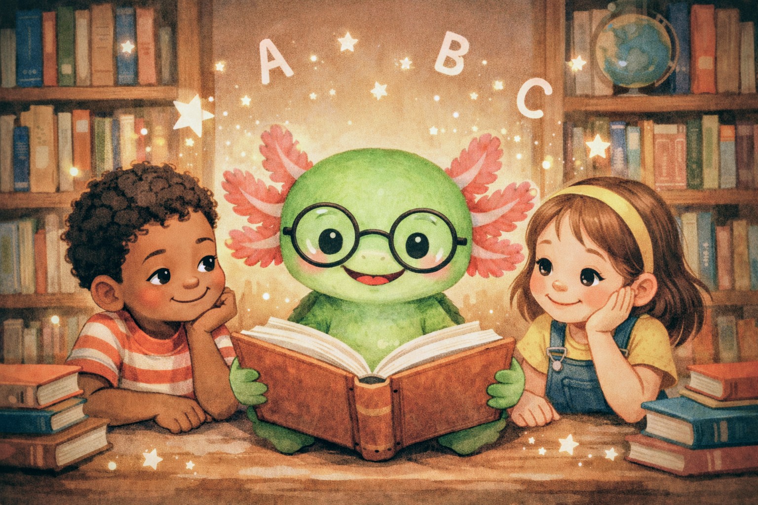 Der Lernolotl liest mit zwei Kindern zusammen in einer gemütlichen Bibliothek